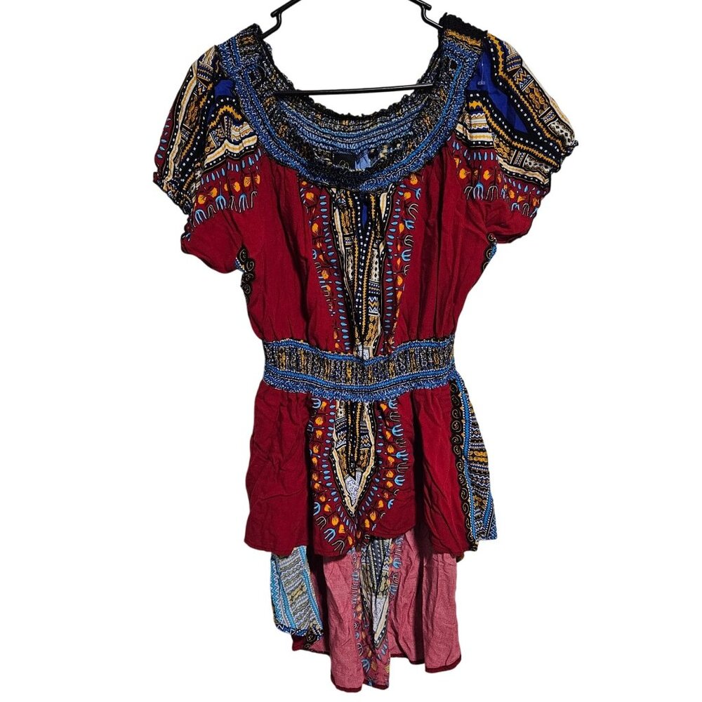 African Dashiki Inspired Red Dress Size 2X Blue Tribal Pattern Smocked Neckline